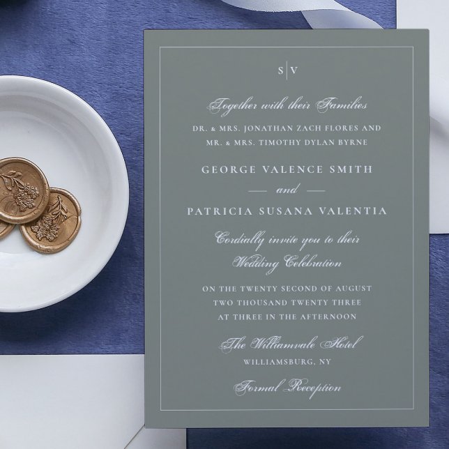 Invitation Sage White encadré Elegant Monogram Mariage Websit (Créateur téléchargé)