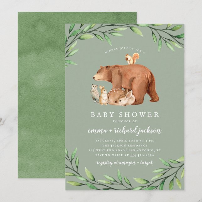 Invitation Sage Woodland Green Forest Animaux Baby shower (Devant / Derrière)