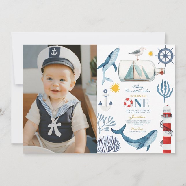 Invitation Sailor Aquarelle Baleine Mer 1er Anniversaire (Devant)