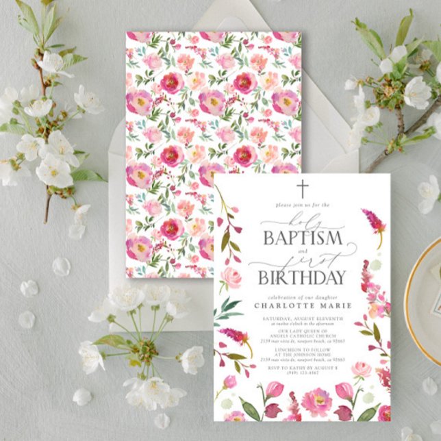 Invitation Saint Baptême & 1er Anniversaire Rose Floral Aquar (Easily personalize this baptism and first birthday invite with your personal details.)