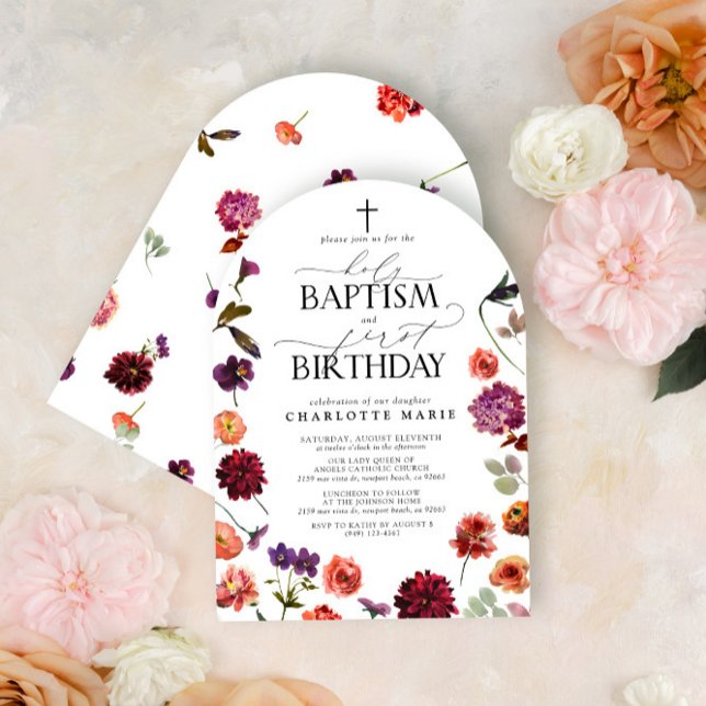 Invitation Saint Baptême et 1er Anniversaire Floral (Créateur téléchargé)