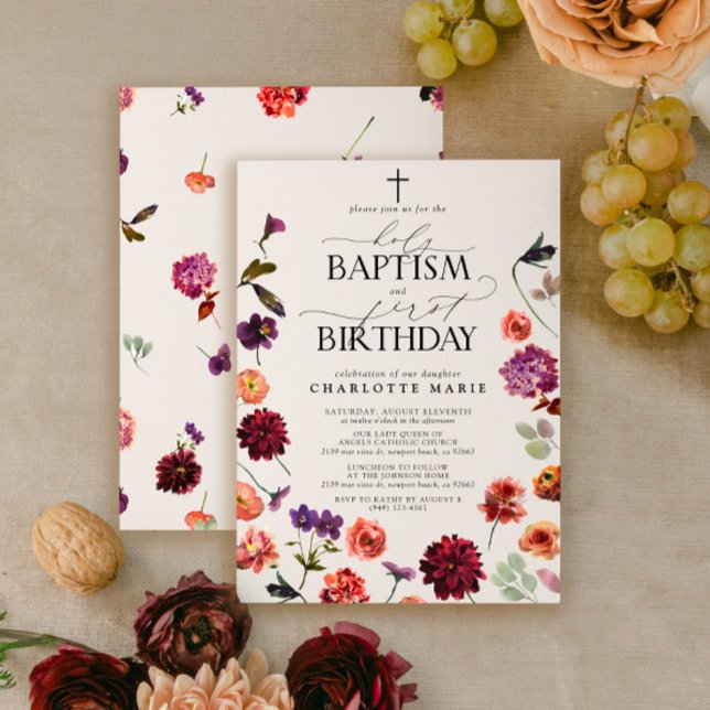 Invitation Saint Baptême et 1er Anniversaire Floral (Easily personalize this sweet invitation with your unique details)