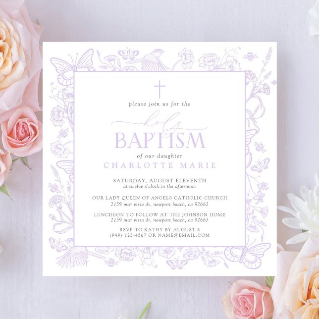 Invitation Saint Baptême Lilac Lavender Papillons floraux (Holy Baptism Invitation!)