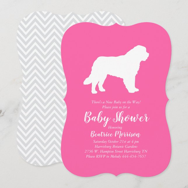 Invitation Saint Bernard Chien Baby shower fille rose (Devant / Derrière)
