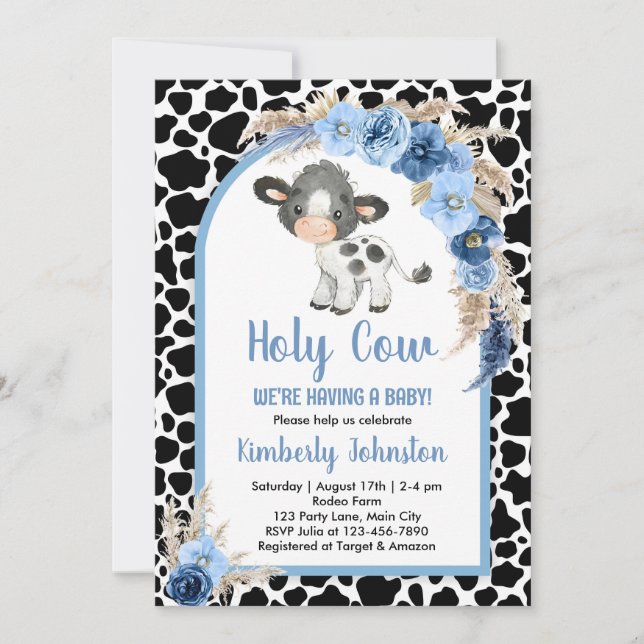 Invitation Saint Cow garçon baby shower bleu boho ferme invit (Devant)