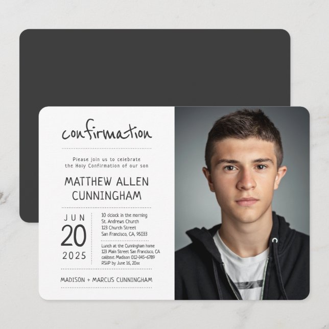 Invitation Saint garçon de confirmation | Moderne + Simple Ph (Devant / Derrière)