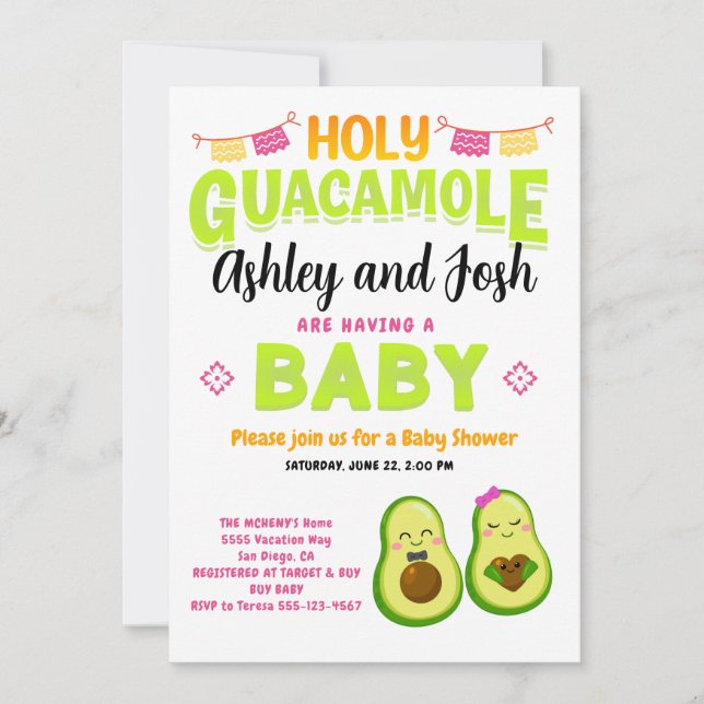 Invitation Saint Guacamole Avocado Baby shower Fiesta (Devant)