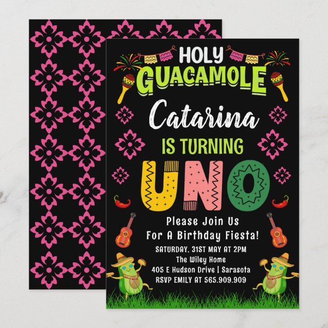 Invitation Saint Guacamole Fiesta avocado 1er anniversaire Un (Devant / Derrière)