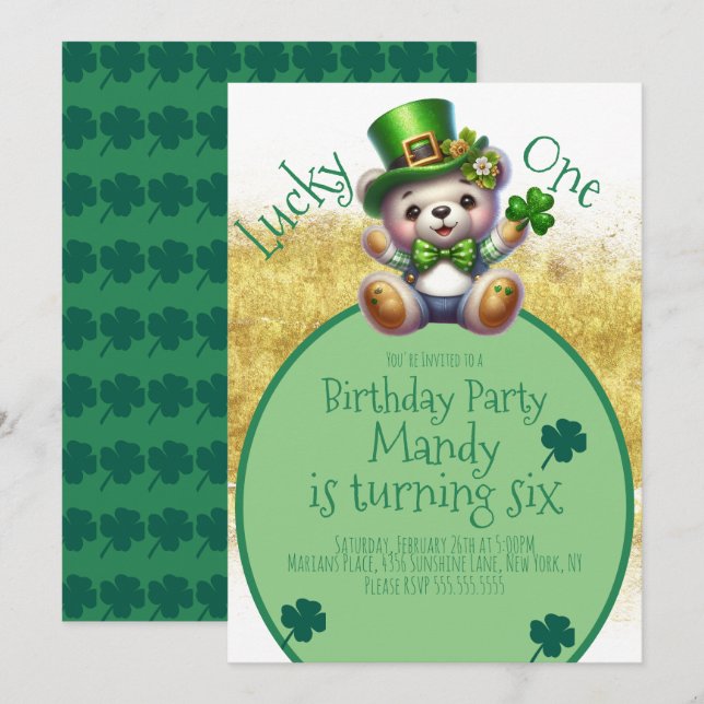 Invitation Saint-Patrick’s Day Bear Cute Gold Anniversaire Lu (Devant / Derrière)