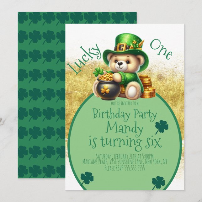 Invitation Saint-Patrick’s Day Bear Jote Anniversaire Lucky O (Devant / Derrière)