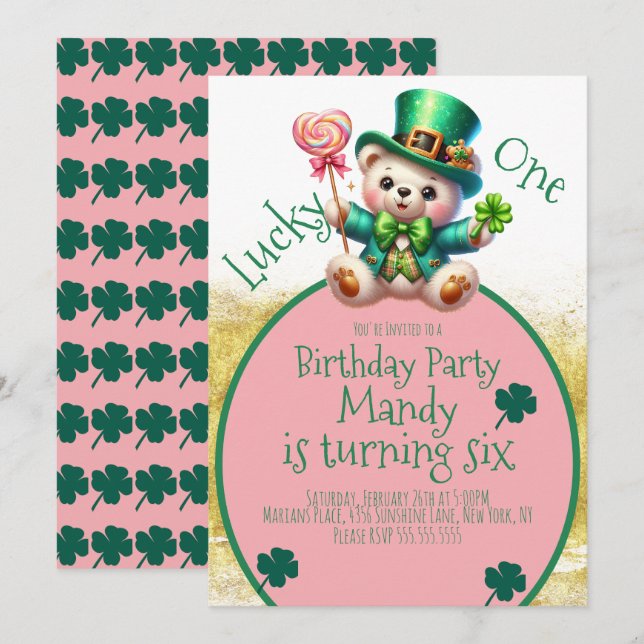 Invitation Saint Patrick’s Day Ours mignonne fille Anniversai (Devant / Derrière)