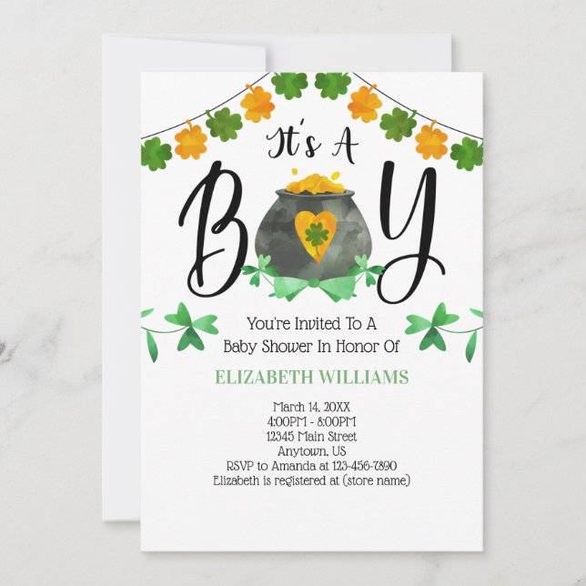 Invitation Saint Patrick's Day C'est un Baby shower de garçon (Devant)