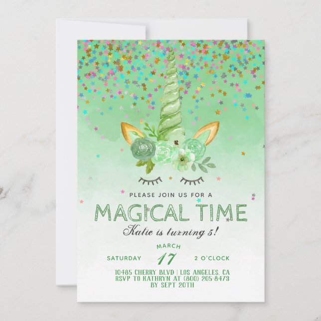 Invitation Saint Patrick's Day Unicorn Birthday (Devant)