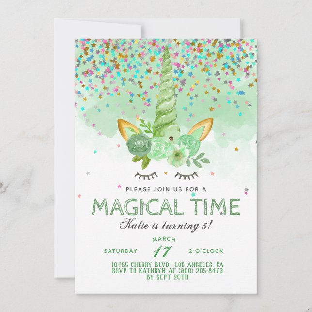 Invitation Saint Patrick's Day Unicorn Birthday (Devant)