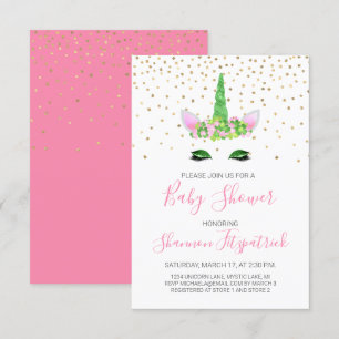 Invitation Saint Patrick's Day Unicorn Girl's Pink Baby showe