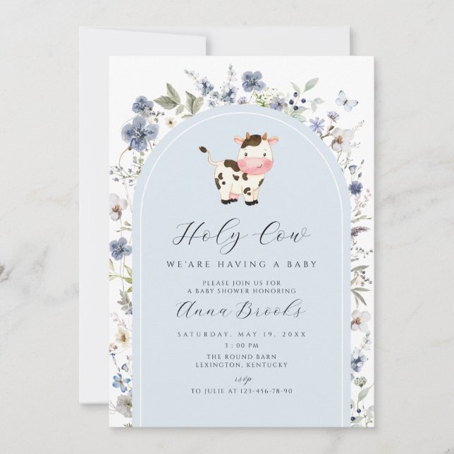 Invitation Saint Vache bleu fleurs garçon Baby shower (Devant)