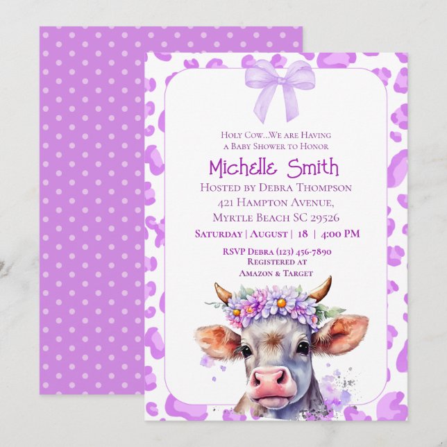 Invitation Saint-Vache Floral Baby shower pourpre (Devant / Derrière)