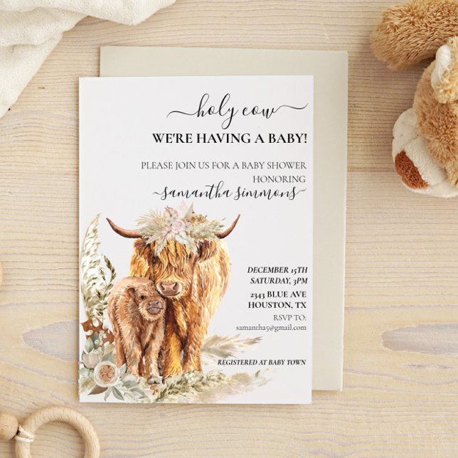 Invitation Saint-Vache Highland Calf Baby shower Boho Pampas (Créateur téléchargé)