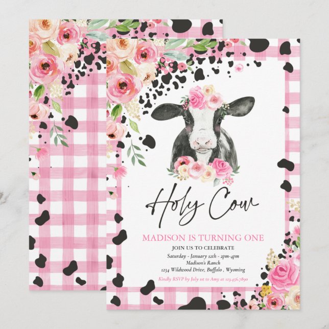Invitation Saint Vache Je suis une ferme rose fleurie fête d' (Devant / Derrière)