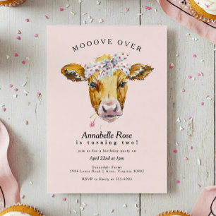 Invitation Saint Vache Moo ferme rose Fille fête d'anniversai