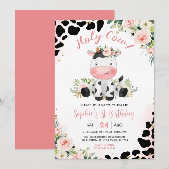 Invitation Saint Vache rose Floral 1er anniversaire fête (Devant / Derrière)