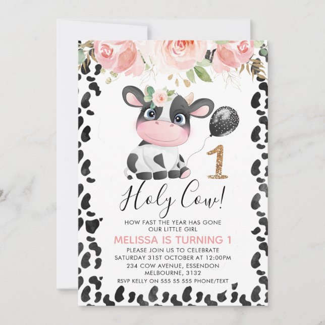 Invitation Saint Vache rose or floral un 1er anniversaire (Devant)