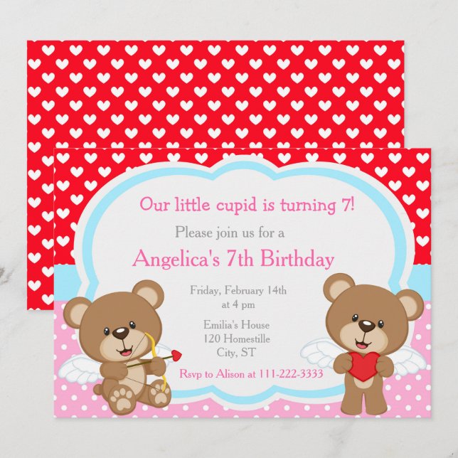 Invitation Saint Valentin Cute Cupid Ours Anniversaire (Devant / Derrière)
