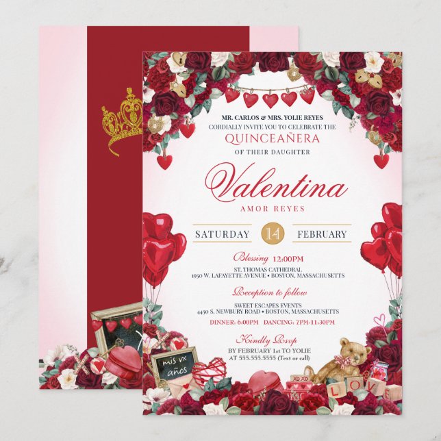 Invitation Saint Valentin Doux 15 Anniversaire Quinceanera (Devant / Derrière)