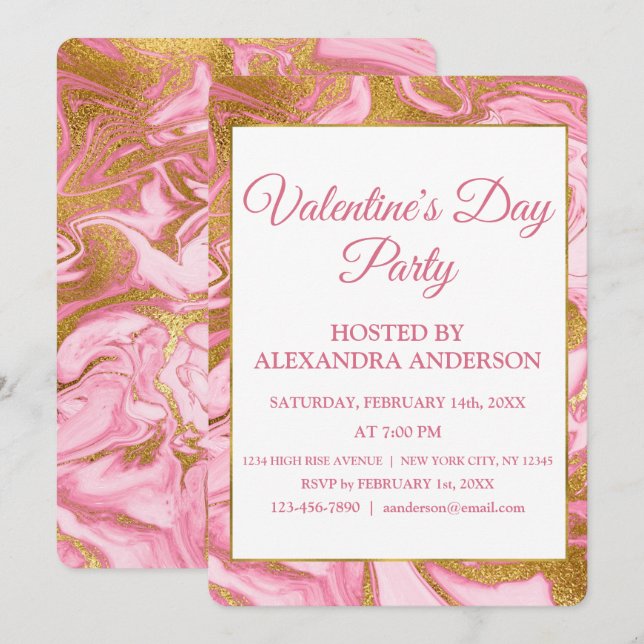 Invitation Saint-Valentin Gold Foil & Hot Pink Marble (Devant / Derrière)