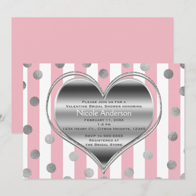 Invitation Saint-Valentin Silver Heart Rose & White Stripes (Devant / Derrière)