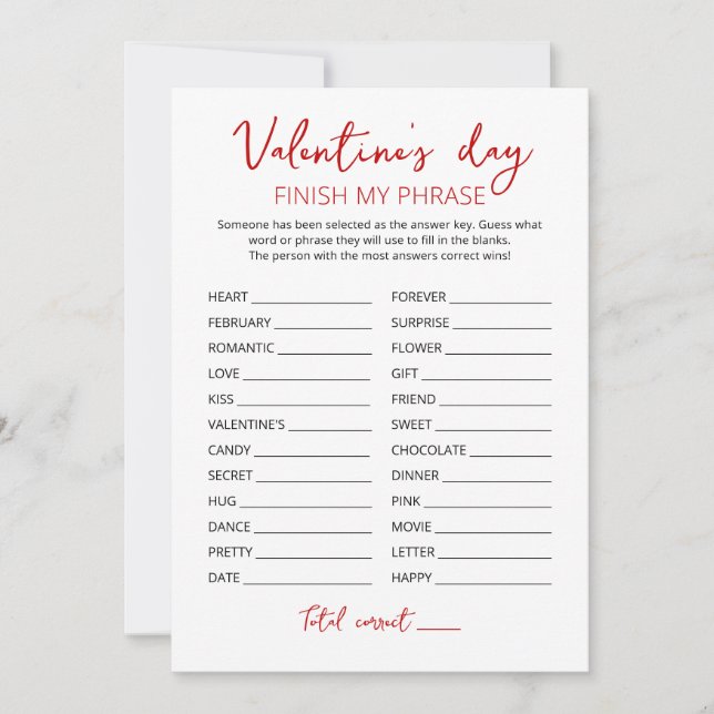 Invitation Saint Valentin Terminer mon phrase Jeu de fête Car (Devant)