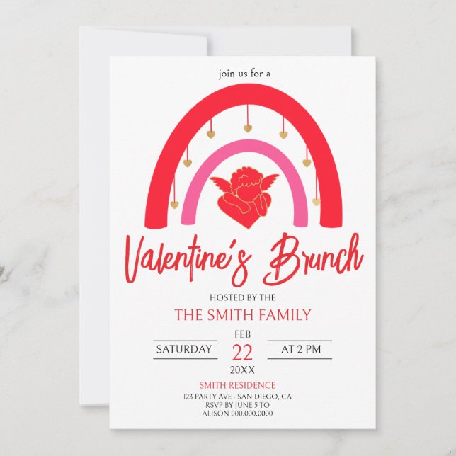 Invitation Saint Valentin's Brunch Arc-en-ciel rouge & Cupido (Devant)