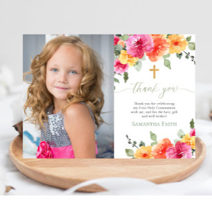 Invitation Sainte Communion Baptême florales vives merci
