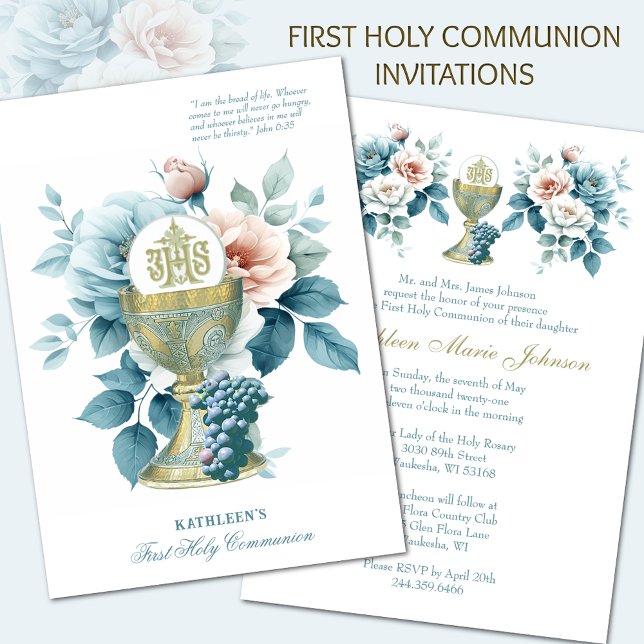 Invitation Sainte Communion catholique Élégant floral (Créateur téléchargé)