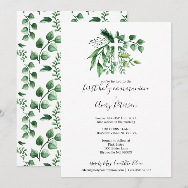 Invitation Sainte communion de croix botanique verte de (Devant / Derrière)