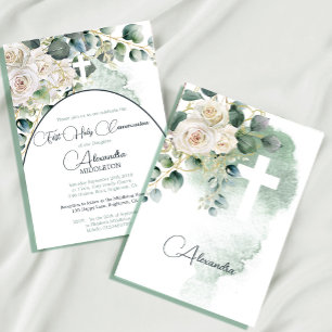Invitation Sainte Communion Roses Croix religieuse verte