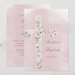 Invitation Sainte Croix sur baptême à l'aquarelle rose poussi