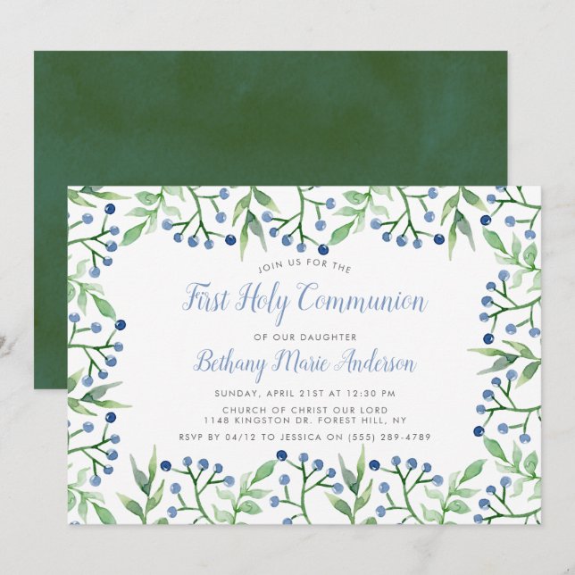 Invitation Saintes Communion Ou Confirmation Des Blueberries  (Devant / Derrière)