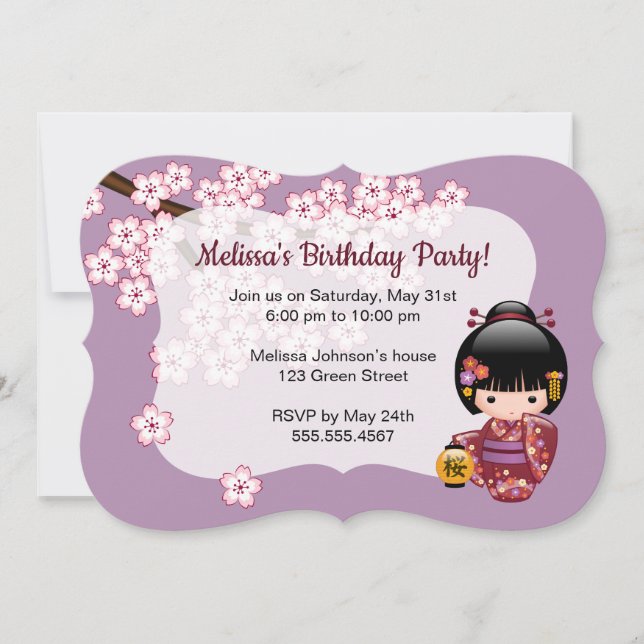 Invitation Sakura Kokeshi Doll Cute Geisha fête d'anniversair (Devant)
