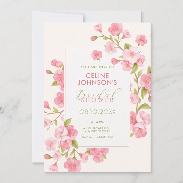 Invitation Sakura rose fleur fleur fleurie douche nuptiale (Devant)