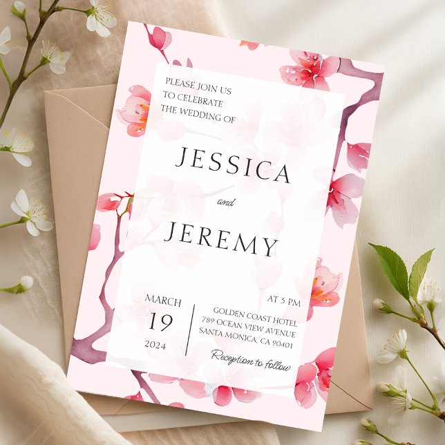 Invitation Sakura rose pâle Mariage japonais de fleurs de cer (Blush Pink Sakura Japanese Cherry Blossom Wedding Invitation)
