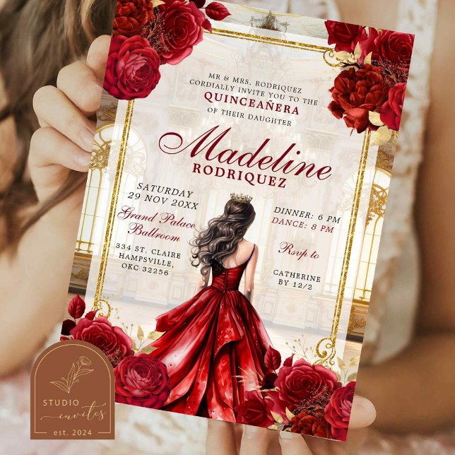 Invitation Salle de bal royale Bourgogne Quinceanera rouge (Créateur téléchargé)
