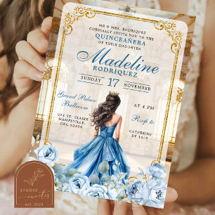 Invitation Salle de Bal Royale Quinceanera Bleu Poussiéreux