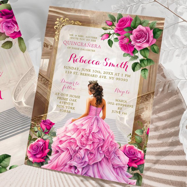 Invitation Salle de bal royale rose Fuschia Floral Quinceañer (Créateur téléchargé)