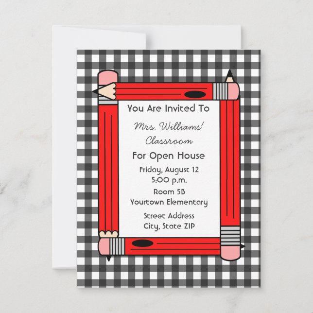 Invitation Salle de classe Open House : Pencils rouges, gris  (Devant)