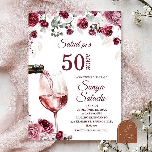 Invitation Salud noir espagnol et bourgogne Por 50 Anos (Créateur téléchargé)