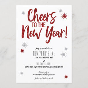 Invitation Salue l'invitation Silver & Red New Year's Eve