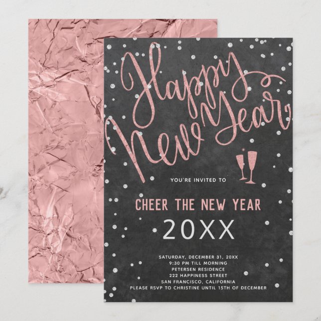 Invitation Saluez le New Year Rose Gold Chalkboard Party (Devant / Derrière)