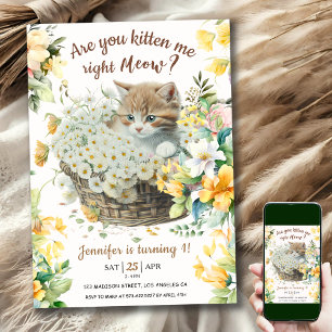 Invitation Salut ! 1er Anniversaire Fille Floral Cute Kitten