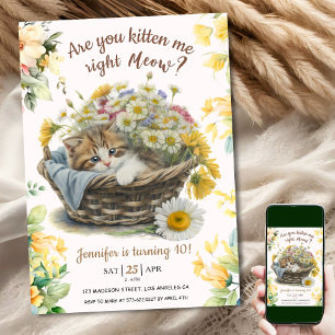 Invitation Salut ! Cute Kitten Floral Kitty Chat 10e annivers
